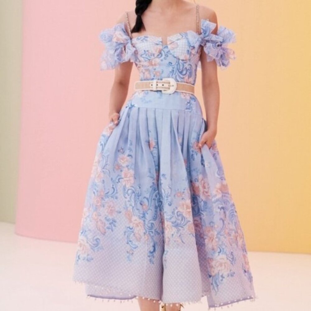 Pending Order- ZIMMERMANN Postcard Bow Bodice Periwinkle Lilac Puff Sleeve Dress